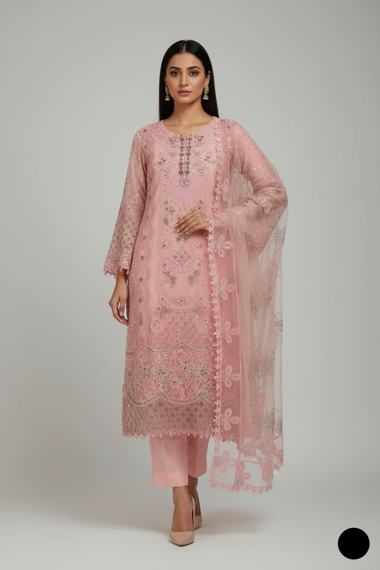 Organza straight shirt pink - Pakistani women's elegant formal wear with viscose trouser and organza dupatta front view