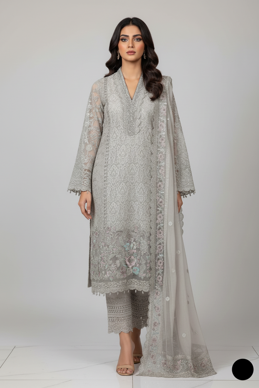 Chiffon straight shirt plazo skin - Pakistani women's party wear with grip plazo and organza dupatta front view
