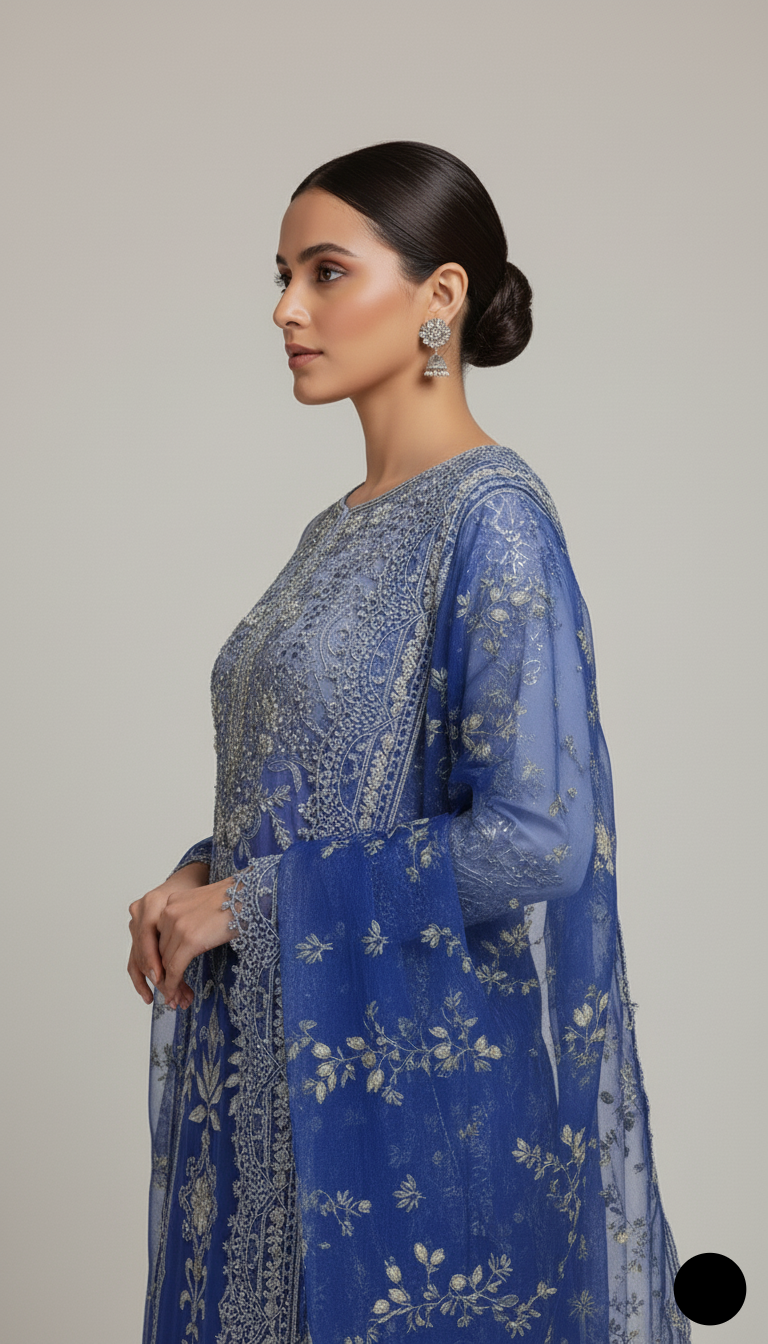 Pakistani women's lilac organza straight shirt detail view