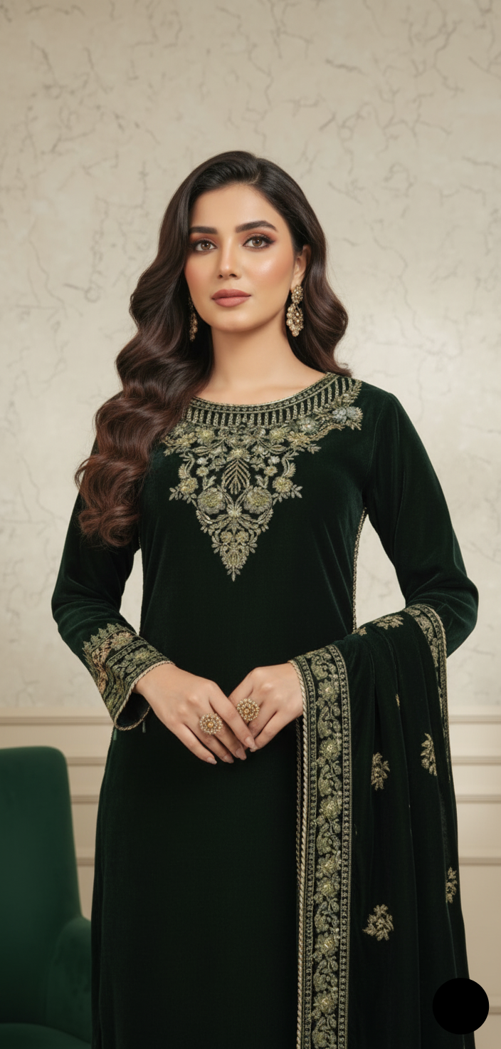 Bottle green velvet Pakistani women's A-Line shirt side view
