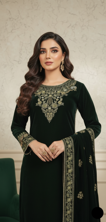 Bottle green velvet Pakistani women's A-Line shirt side view