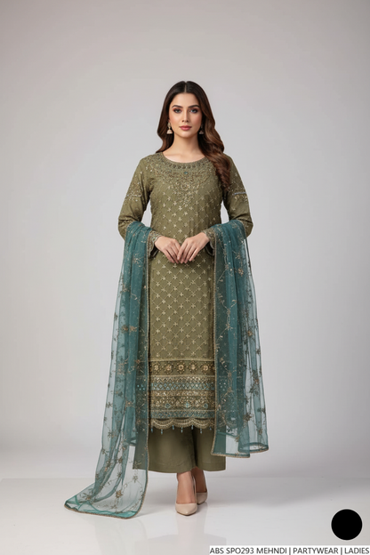 Chiffon straight shirt plazo mehndi green - Pakistani women's party wear with grip plazo and organza dupatta front view