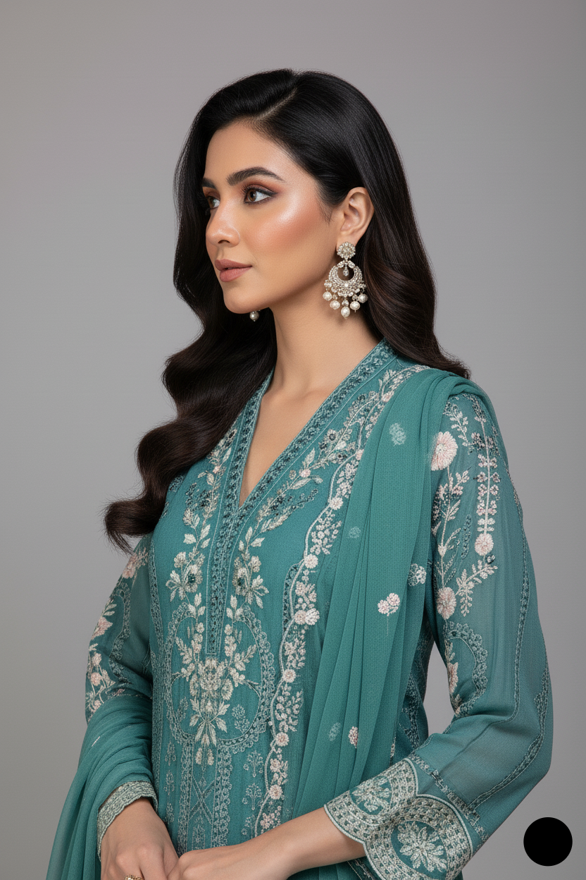 Pakistani women's light green chiffon straight shirt plazo detail view