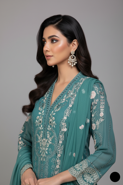 Pakistani women's light green chiffon straight shirt plazo detail view