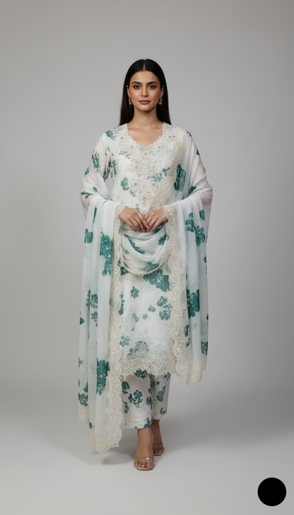 Organza A-Line shirt green white - Pakistani women's elegant formal wear with viscose trouser and organza dupatta front view