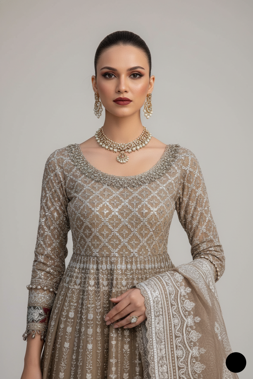 ABL 4120 SKN Net fabric long frock lehenga - elegant Pakistani women's formal wear side view