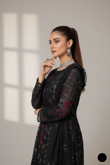 Pakistani women's black organza straight shirt back view
