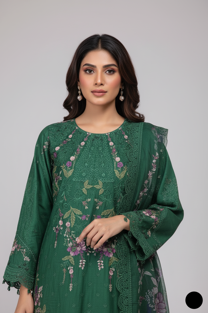 Organza A-Line shirt green - Pakistani women's elegant formal wear with viscose trouser and organza dupatta front view