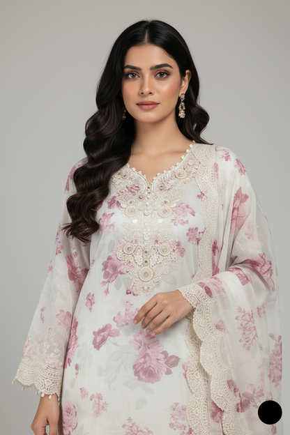 Pakistani women's pink white organza A-Line shirt detail view