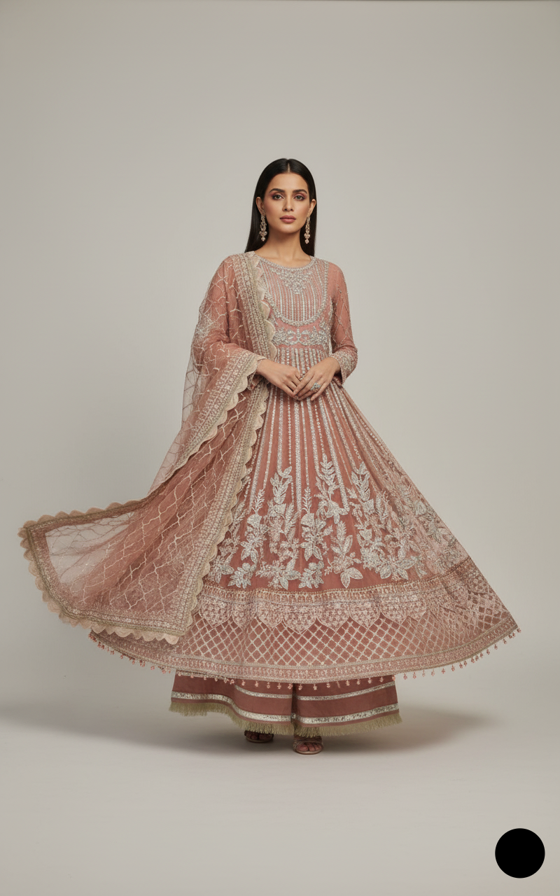 Net long frock lehenga ABL 3987 - Pakistani women's luxury bridal wear with organza dupatta front view