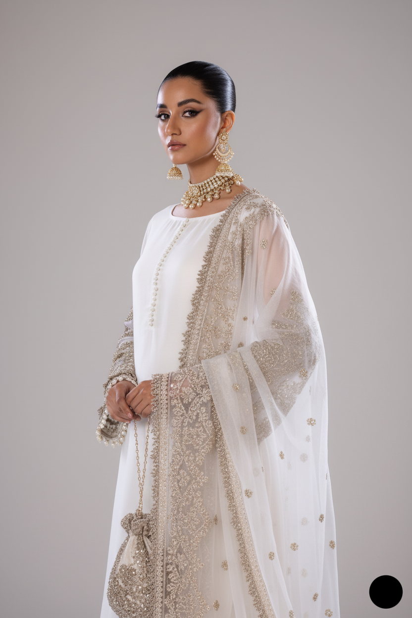 KB P255 Pakistani women's chiffon sharara with net dupatta back view