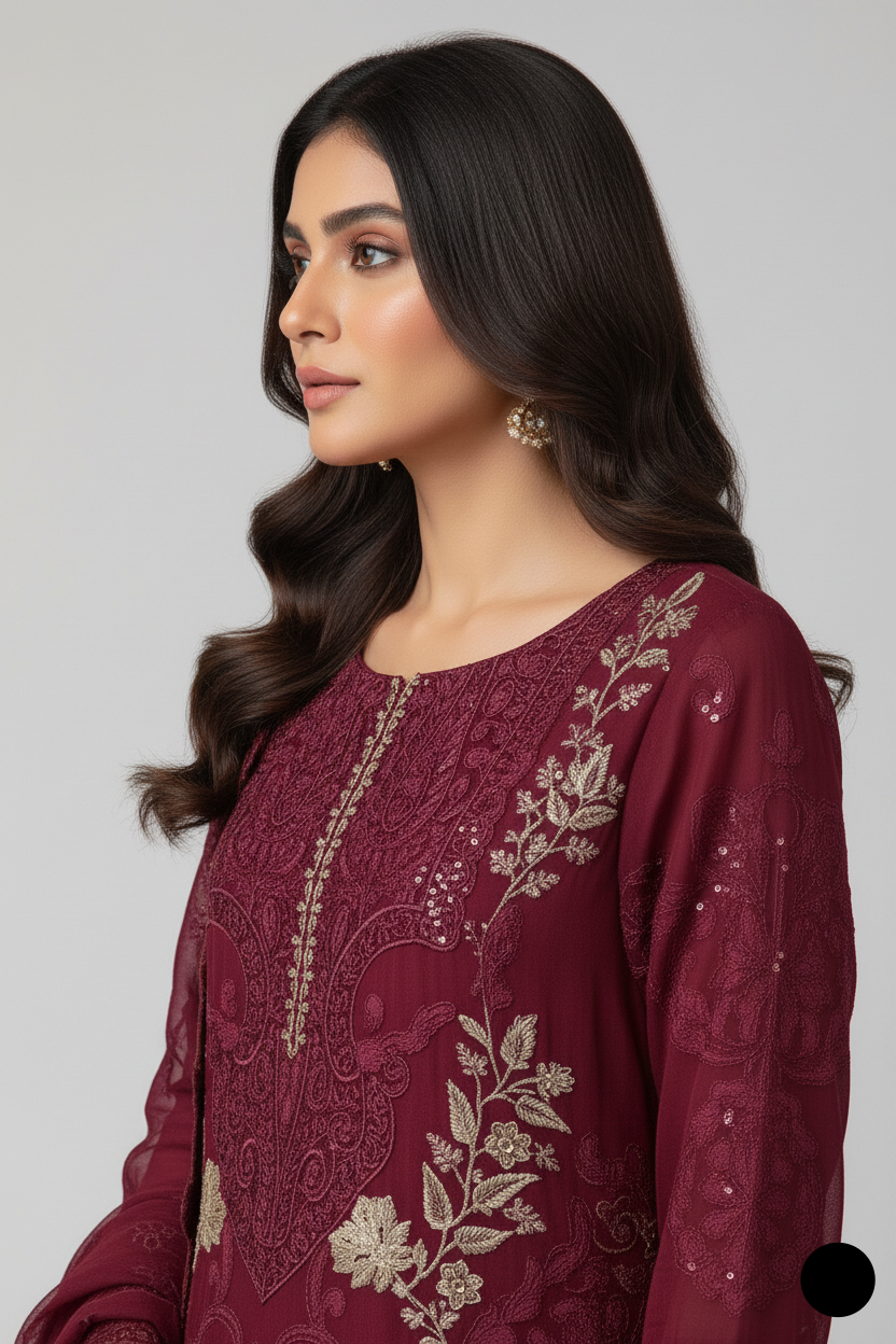 Pakistani women's maroon organza straight shirt detail view