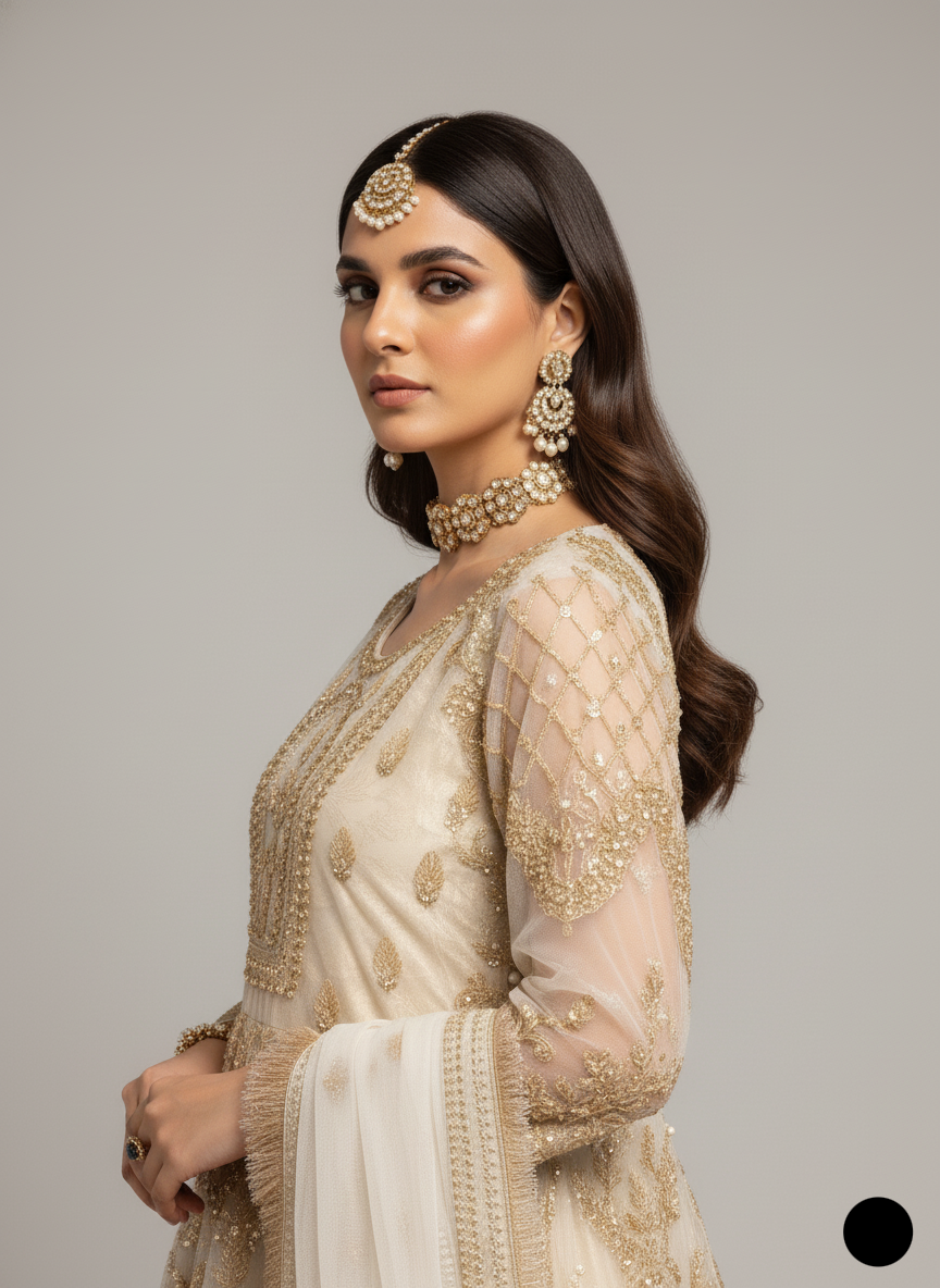 Pakistani women's off white organza short shirt back view