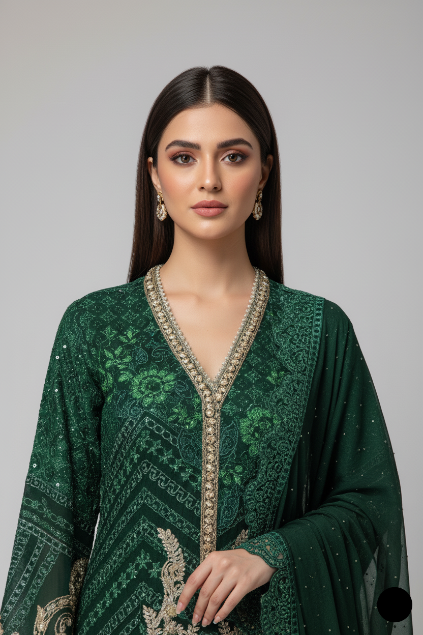 Bottle green organza Pakistani women's straight shirt side view