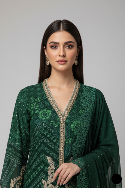Bottle green organza Pakistani women's straight shirt side view