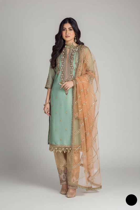 Pure resham mesuri embroidered shirt KB P237 trouser - Pakistani women's luxury formal wear with jamawar shalwar front view