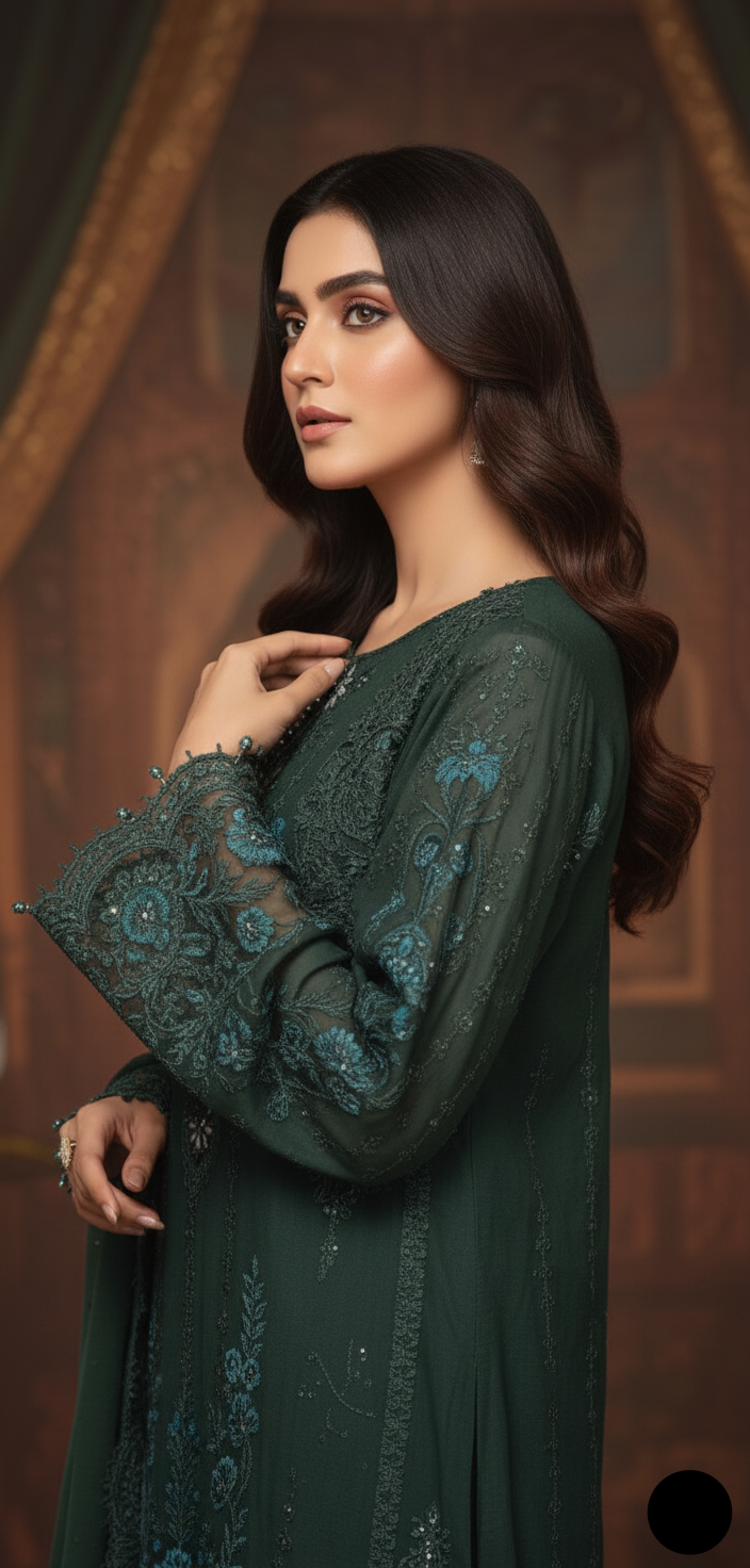 Pakistani women's dusty green organza A-Line shirt detail view
