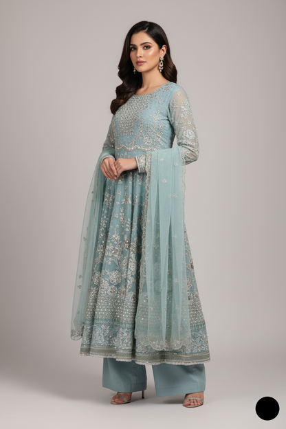Chiffon long frock ABS 3289 - Pakistani women's party wear with organza dupatta front view
