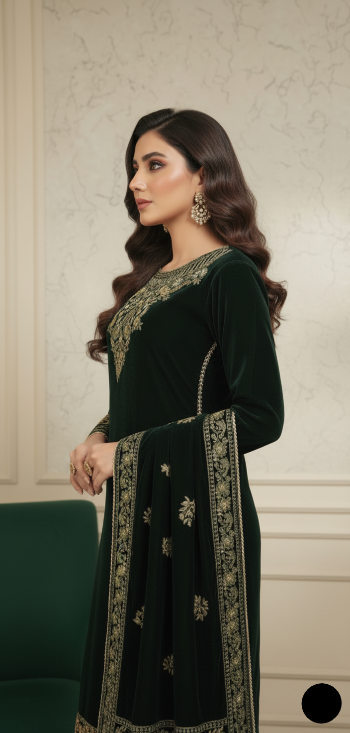 Pakistani women's bottle green velvet A-Line shirt back view