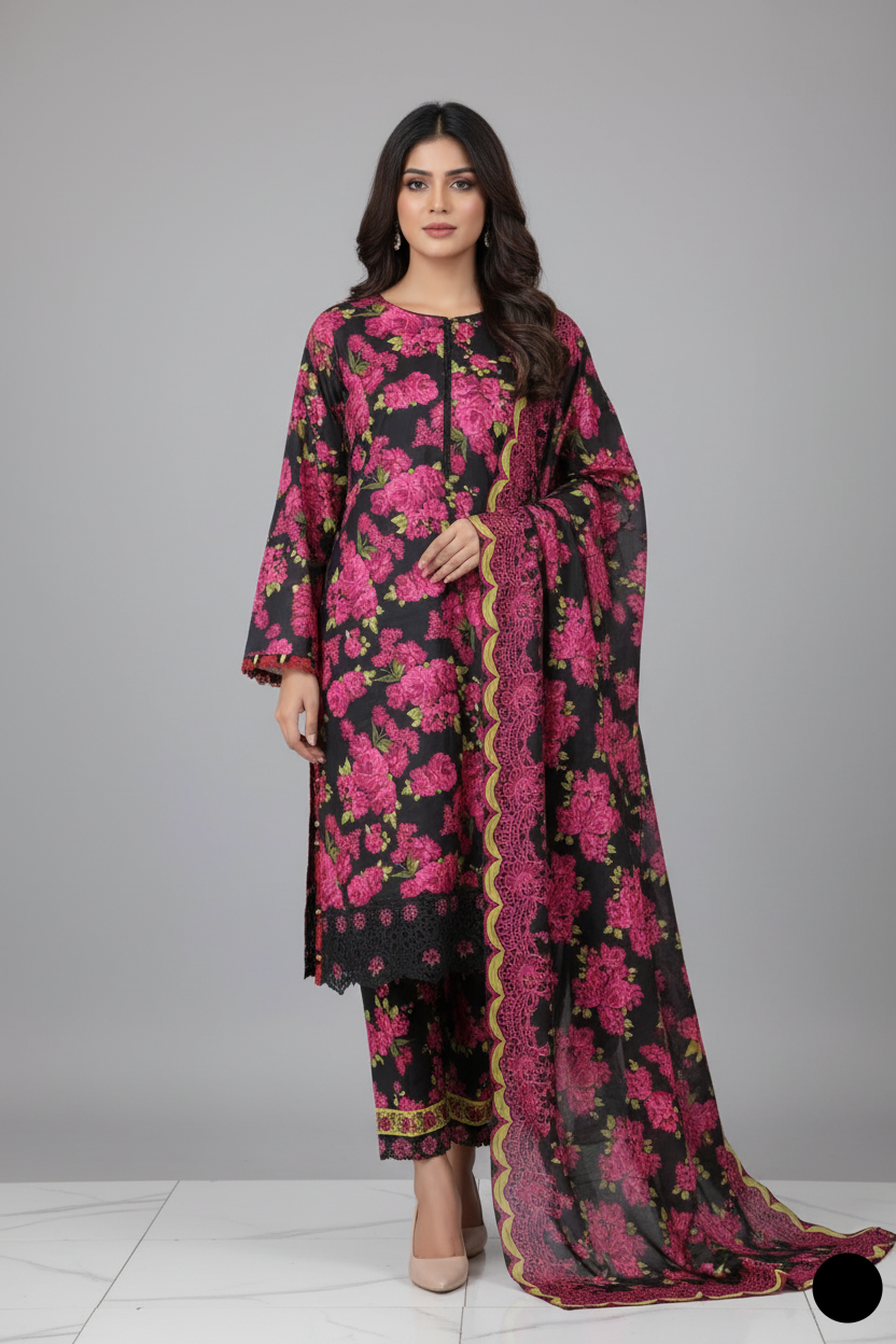 Lawn A-Line printed shirt - Pakistani women's casual summer outfit with cotton trouser and lawn dupatta front view