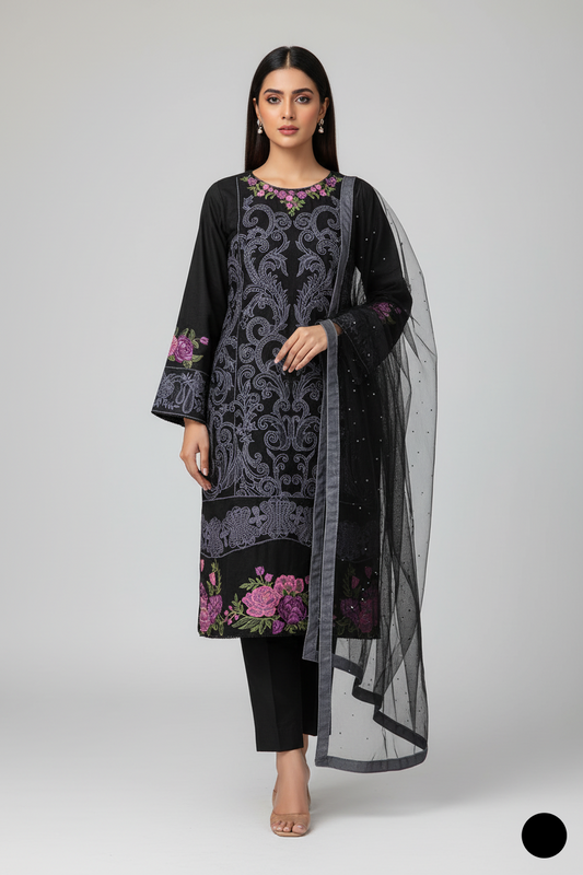Lawn A-Line shirt black - Pakistani women's casual summer outfit with cotton trouser and lawn dupatta front view