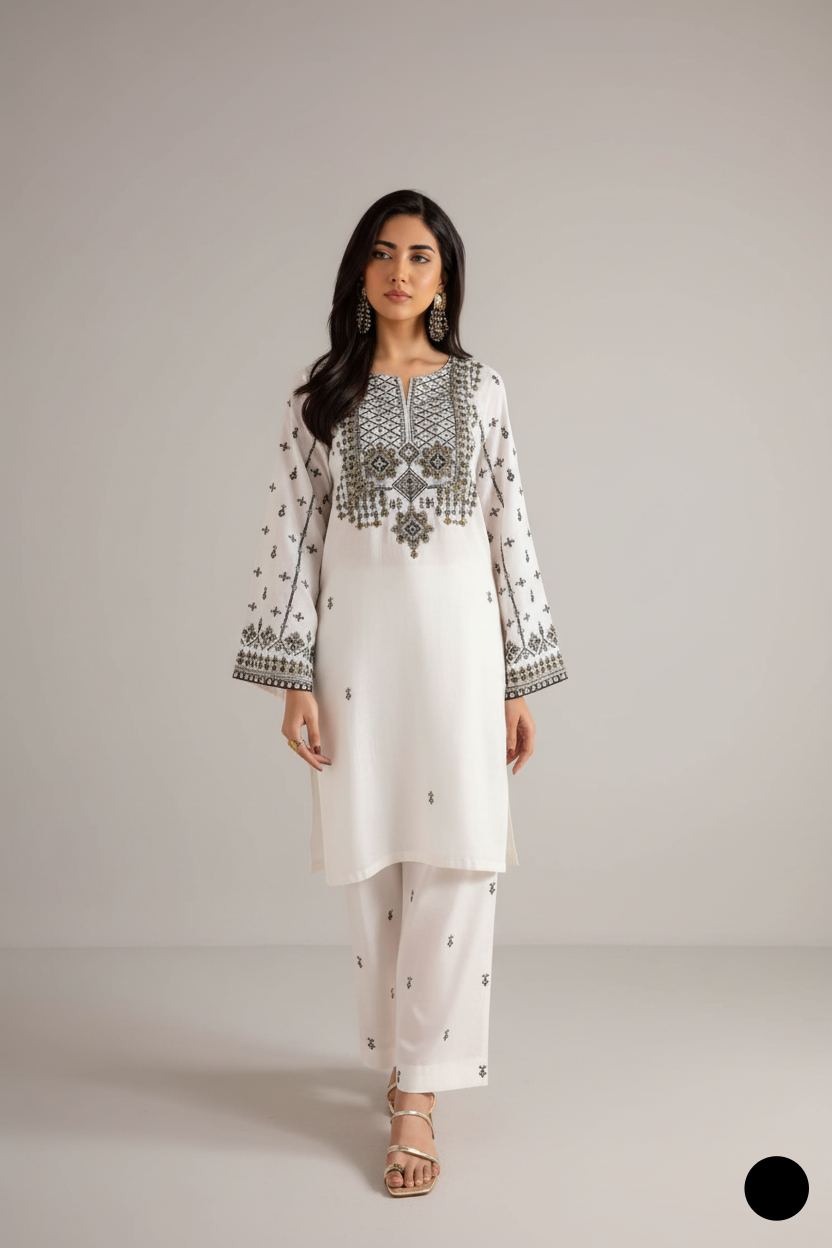 Organza open shirt white - Pakistani women's formal party wear with viscose trouser and organza dupatta front view