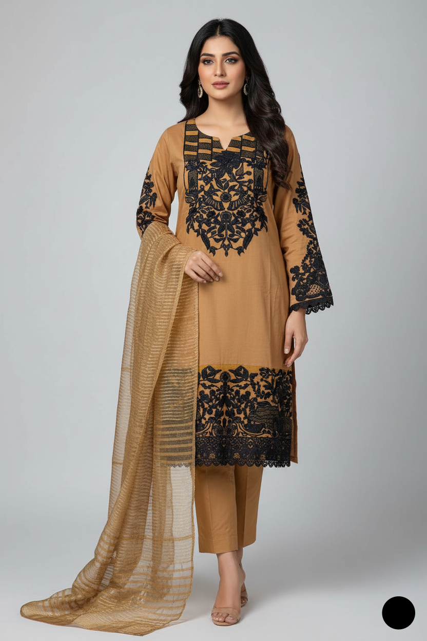 Lawn A-Line shirt mustard black - Pakistani women's casual summer outfit with cotton trouser and lawn dupatta front view