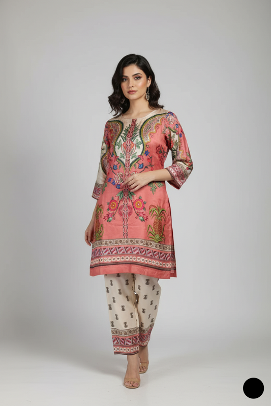 Lawn 2-piece printed - Pakistani women's casual summer outfit with cotton trouser and lawn dupatta front view
