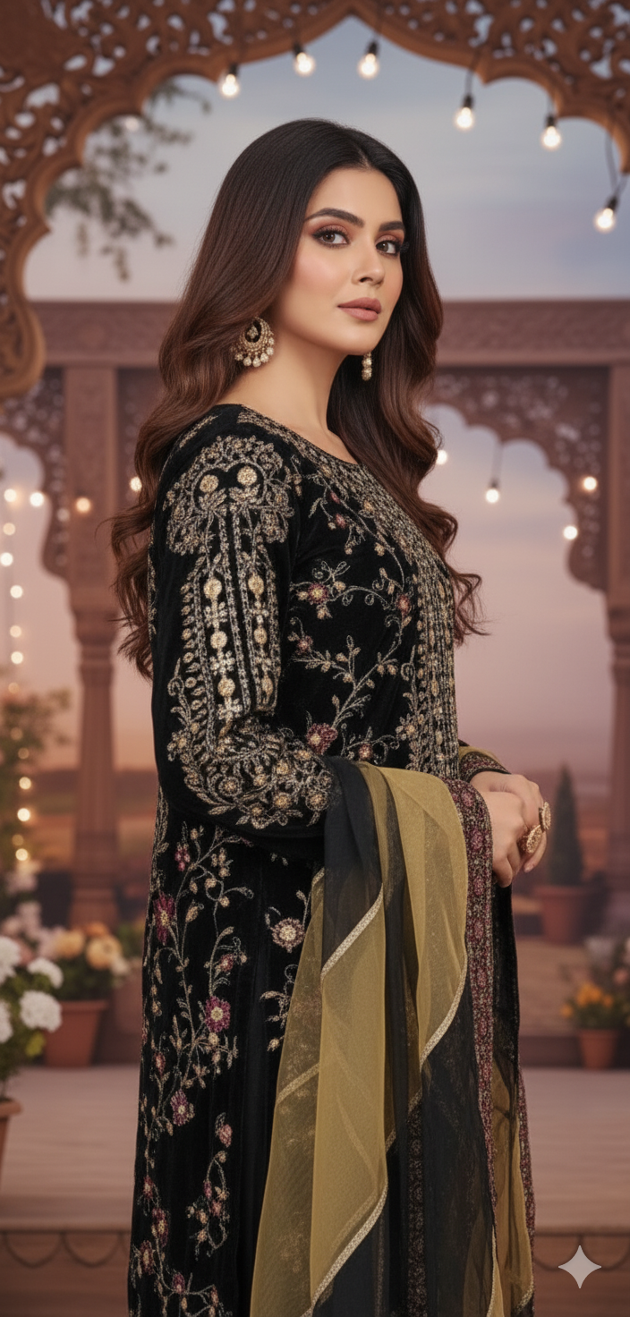 Pakistani women's black velvet open shirt back view