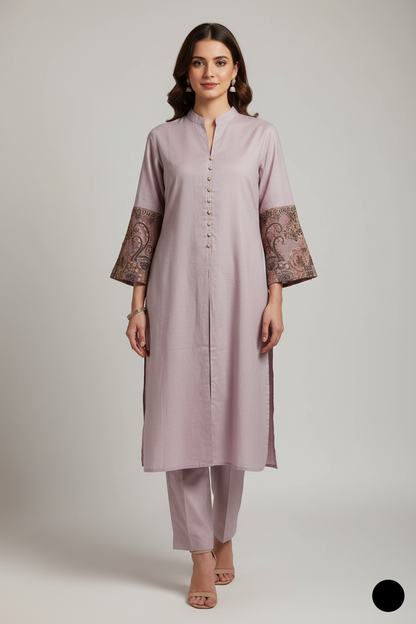 Lawn A-Line shirt lilac - Pakistani women's casual summer outfit with cotton trouser and lawn dupatta front view