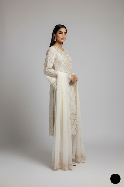 ABL 4079 WHT Pakistani women's chiffon A-Line dress with grip trouser back view