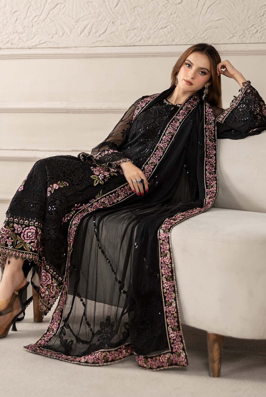Black organza Pakistani women's A-Line shirt side view