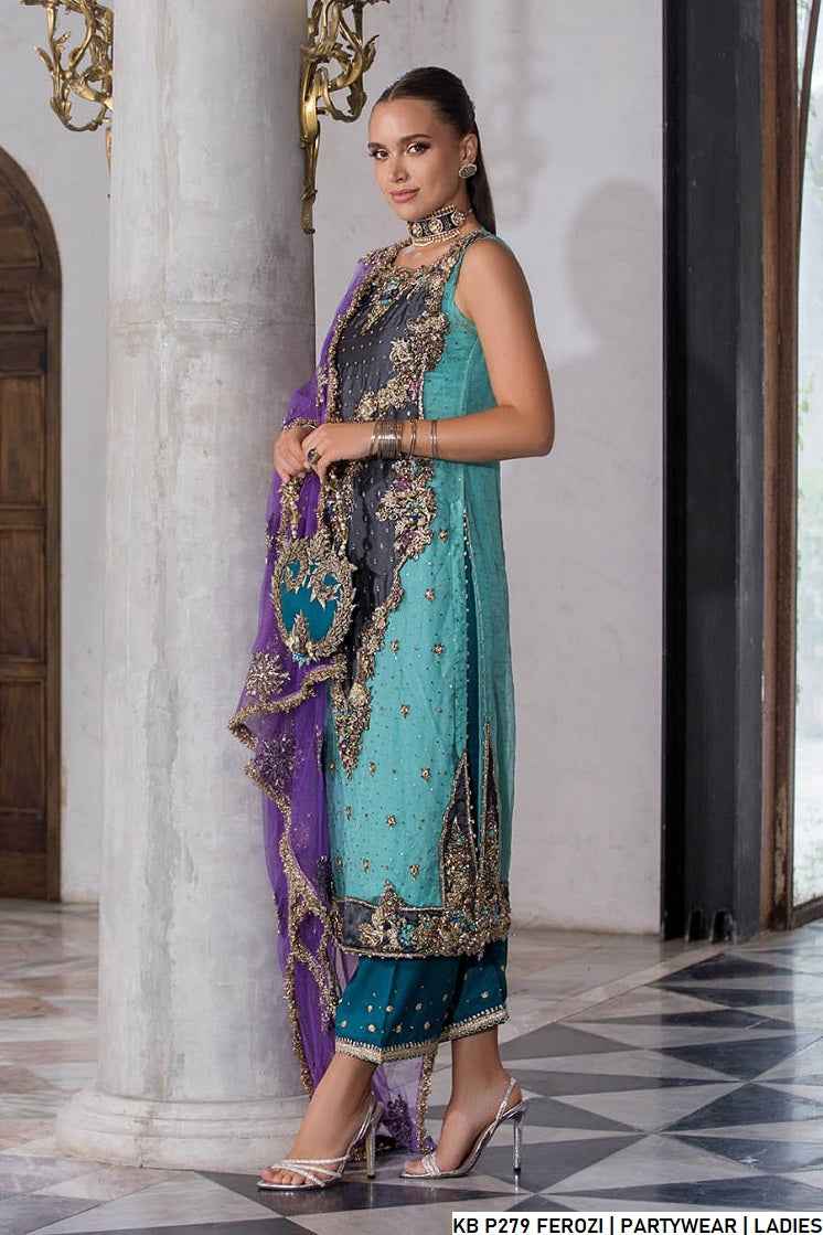 Pakistani women's ferozi hand embroidered luxury suit back view