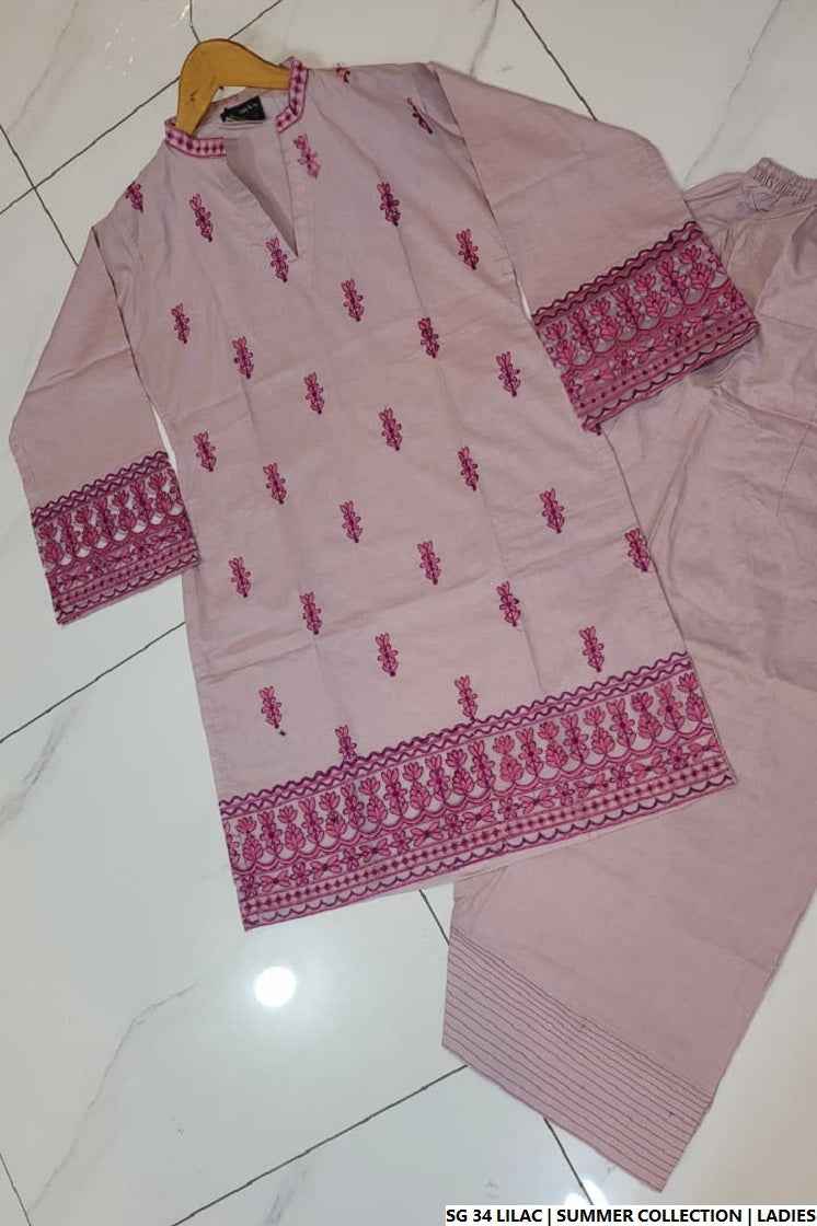 Pakistani women's lilac silk short shirt farshi shalwar back view