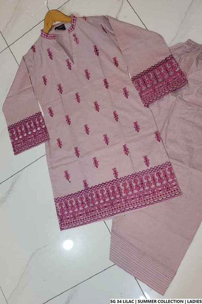Pakistani women's lilac silk short shirt farshi shalwar back view