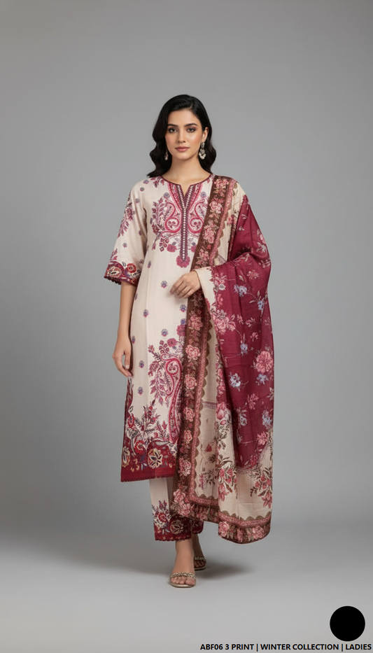 Khaddar printed 2-piece - Pakistani women's casual winter outfit with khaddar trouser and shawl front view