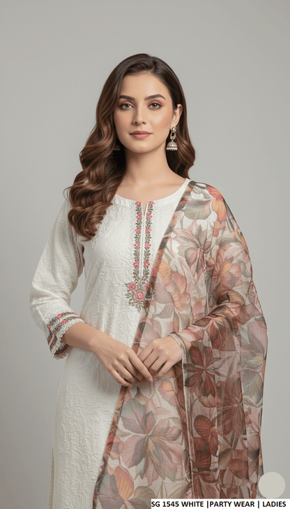 Pakistani women's white lawn A-Line casual outfit back view
