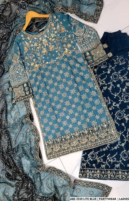 Pakistani women's light blue organza straight shirt back view