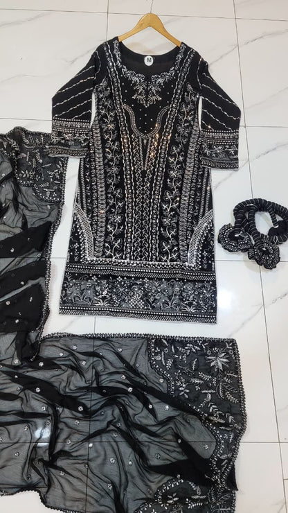 Pakistani women's black organza straight shirt plazo detail view