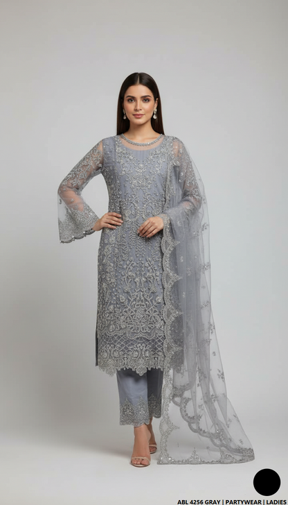 Organza straight shirt grey - Pakistani women's elegant formal wear with viscose trouser and organza dupatta front view