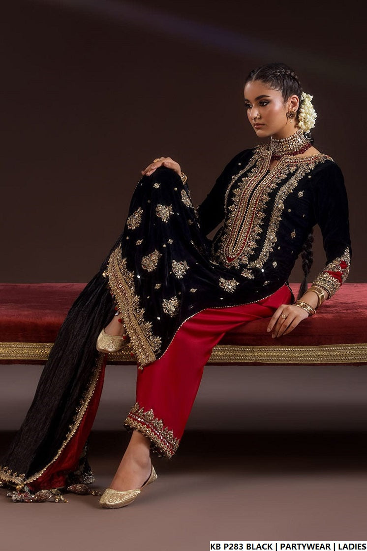 Pakistani women's black velvet hand embroidered luxury suit full view