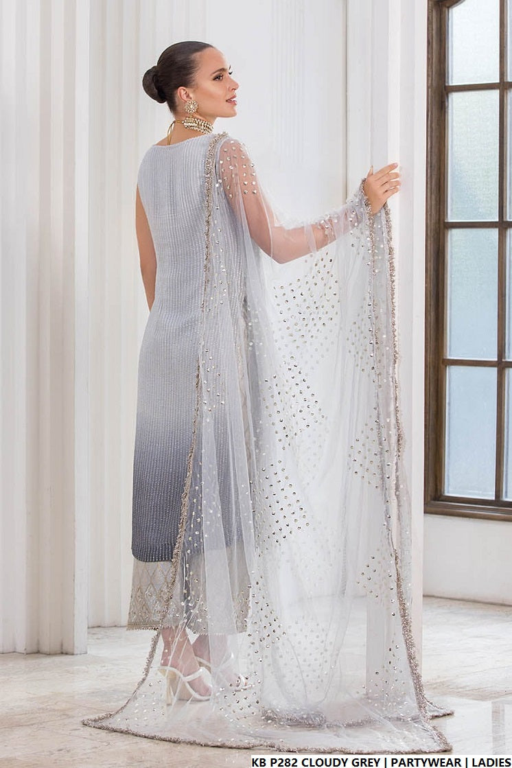 Pakistani women's cloudy grey hand embroidered luxury suit full view
