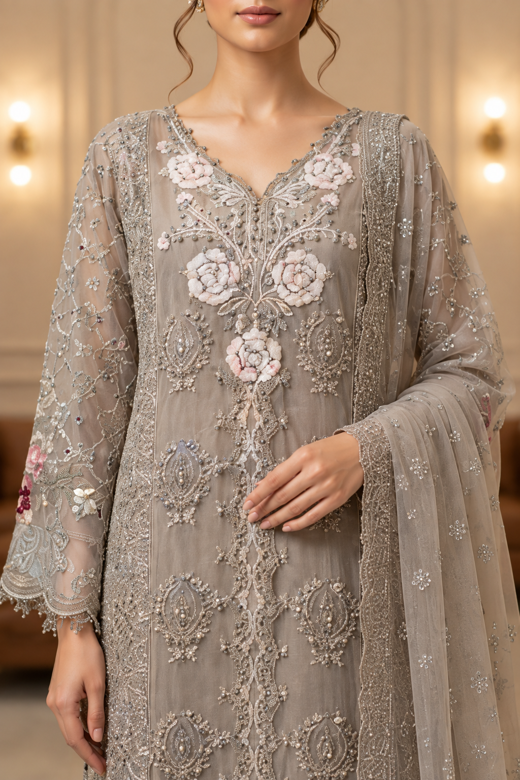 Close-up of the lite grey embroidered outfit