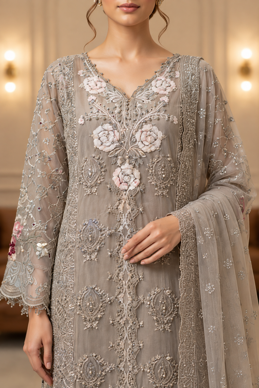 Close-up of the lite grey embroidered outfit