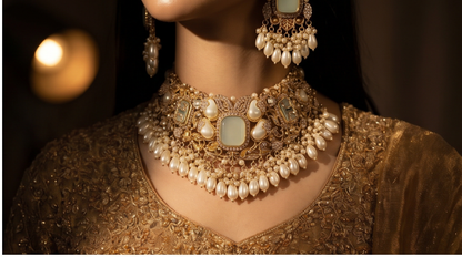 Pakistani women's royal pearl choker bridal jewelry detail view