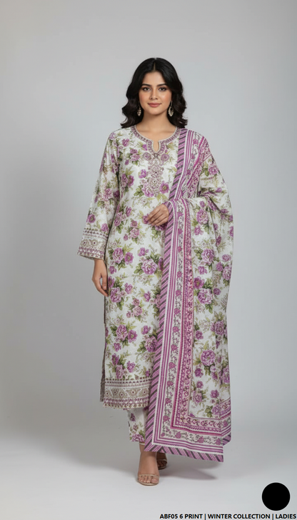 Khaddar printed 2-piece - Pakistani women's casual winter outfit with khaddar trouser and shawl front view
