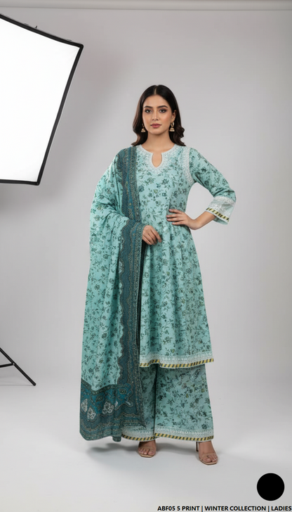 Khaddar printed 2-piece - Pakistani women's casual winter outfit with khaddar trouser and shawl front view