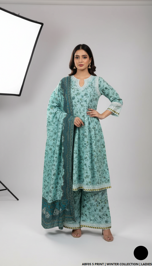 Khaddar printed 2-piece - Pakistani women's casual winter outfit with khaddar trouser and shawl front view