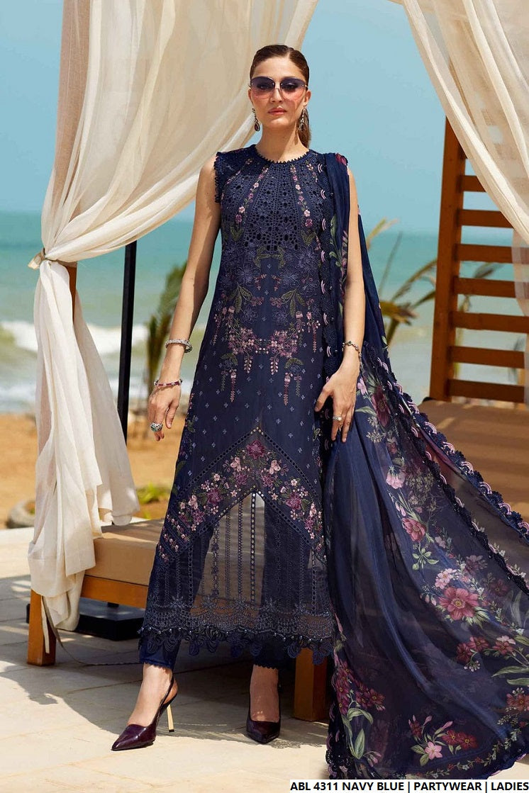 Organza A-Line shirt navy blue - Pakistani women's elegant formal wear with viscose trouser and organza dupatta front view
