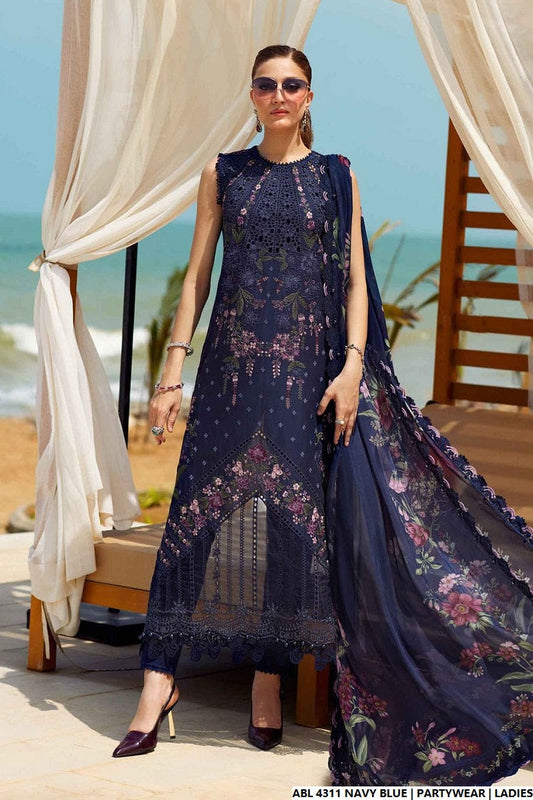 Organza A-Line shirt navy blue - Pakistani women's elegant formal wear with viscose trouser and organza dupatta front view